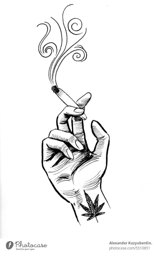 Cannabis leaves and hand with a smoking marijuana joint. Ink black and white drawing addiction agriculture art background cannabis cartoon cigarette design