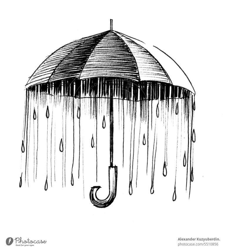 Rain under the umbrella. Ink black and white illustration art autumn background climate design drip isolated nature outdoor rain rainy retro season shelter