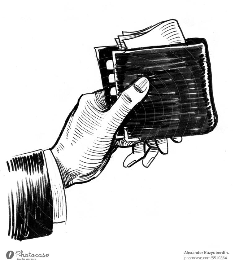 Hand holding a wallet. Black and white ink illustration art background bank bill bills business cartoon cash currency design dollar drawing drawn economy