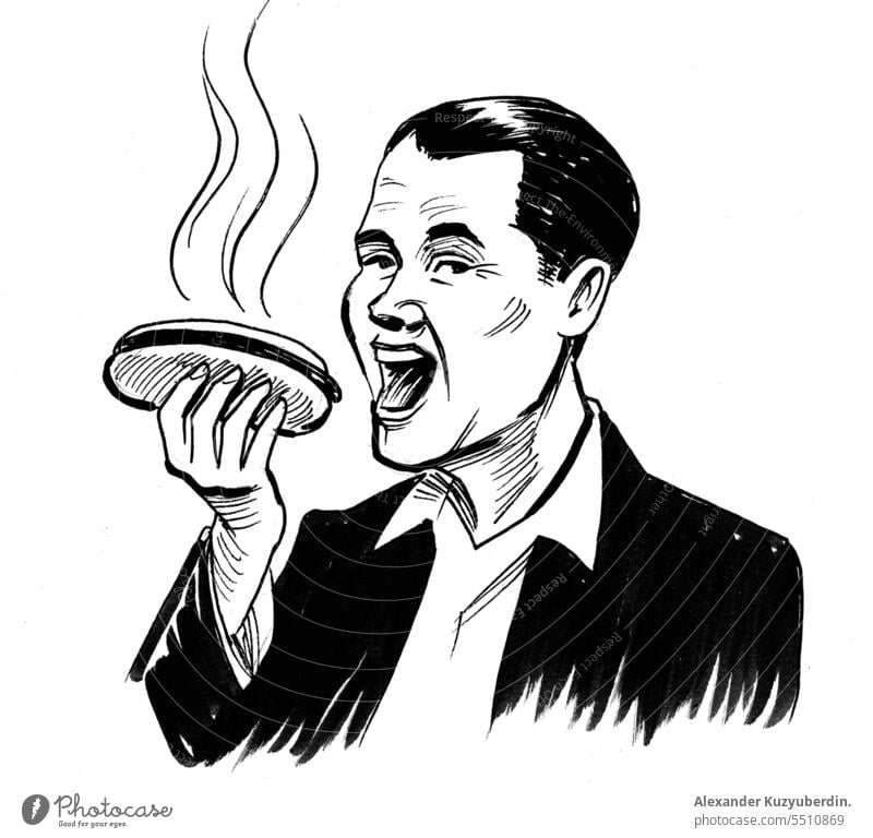 Man eating hot dog. Ink black and white drawing art artwork biting cartoon character fast food illustration ink lunch male man meal person sketch