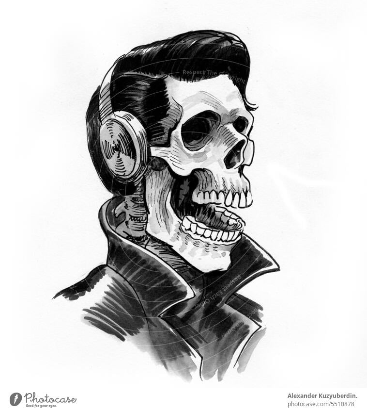 Dead rocker in headphones. Ink black and white drawing skeleton skull rock music sound listener character art artwork sketch ink watercolor vintage retro
