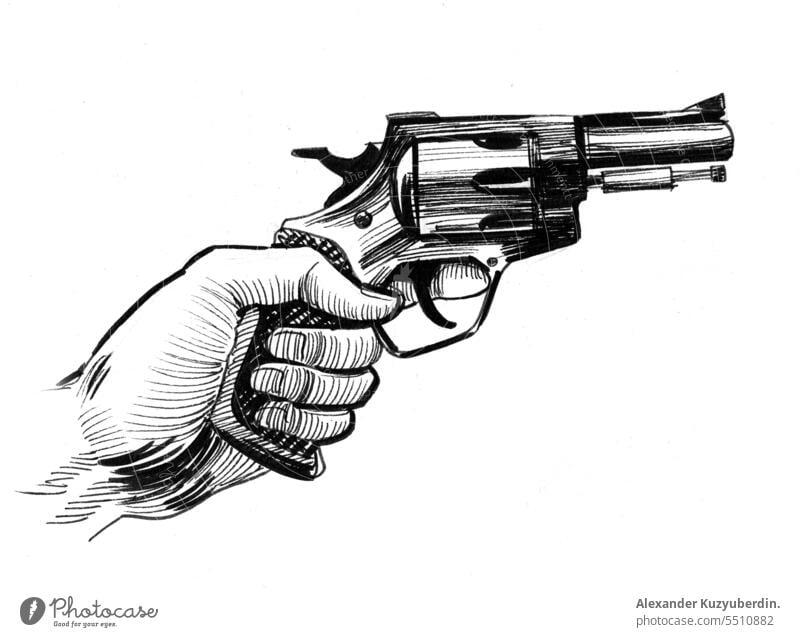 Hand with a revolver gun. Ink black and white drawing handgun aim aiming shooting shooter violence vintage retro art artwork sketch ink