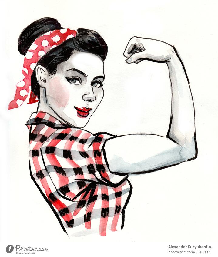 Strong, pretty pin-up styled woman flexing biceps. Ink and watercolor drawing strong feminism female girl vintage retro beautiful art artwork sketch ink pinup