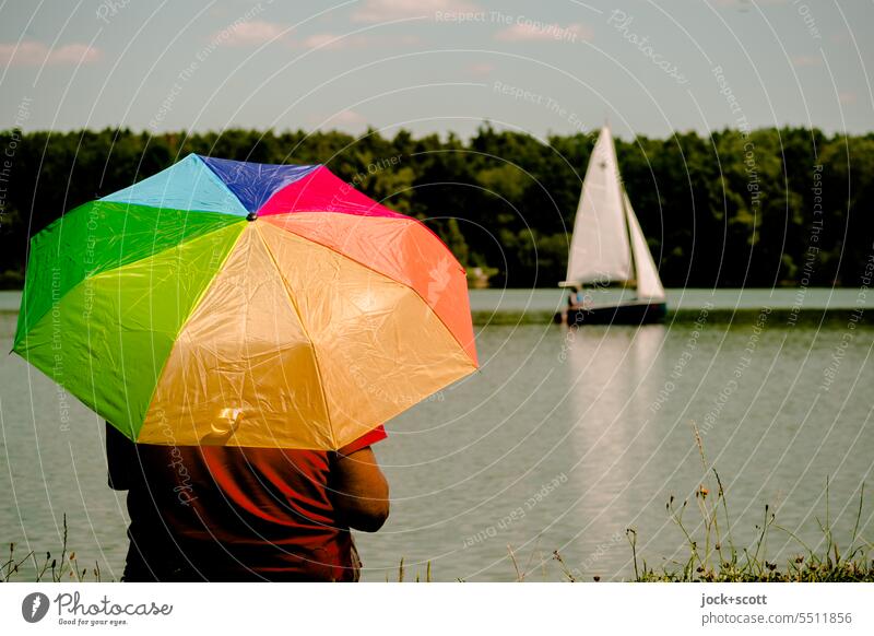 With parasol at the big pond Nature Sunshade Umbrellas Calm Sailboat Idyll Peaceful Summer Leisure and hobbies Environment Reflection Warmth ardor Relaxation
