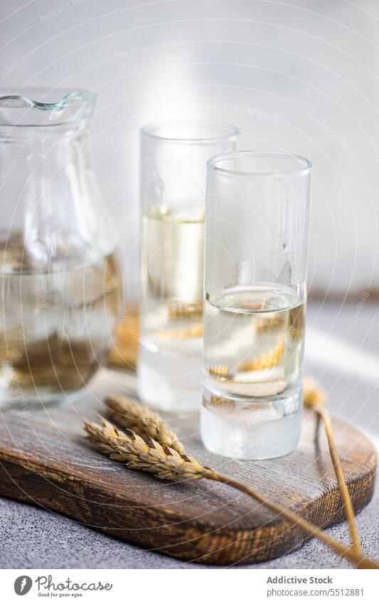 Traditional Ukrainian alcoholic drink made from wheat and known as Gorilka gorilka ukrainian vodka traditional glass transparent cutting board liquid beverage