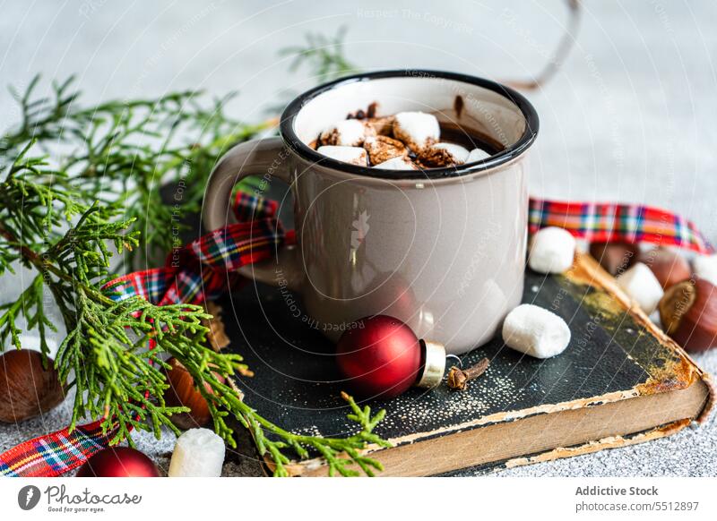 Mug of hot drink on book marshmallow christmas cocoa mug sweet beverage twig fir winter new year cacao dessert xmas holiday festive event coniferous occasion