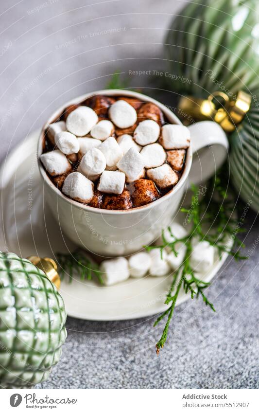 Marshmallow cocoa with Christmas balls christmas marshmallow delicious sweet dessert fir twig new year plate tasty yummy holiday xmas decoration bauble