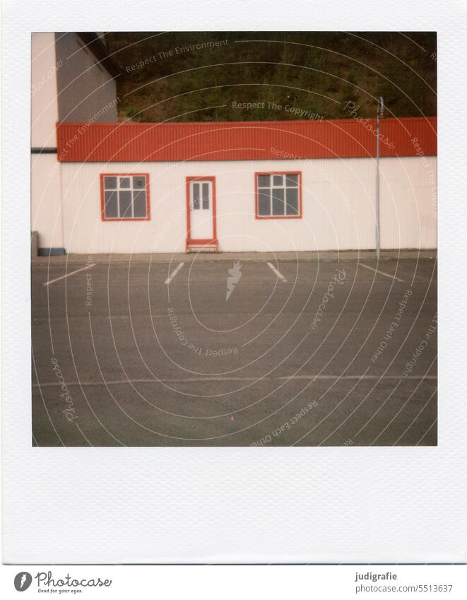 Icelandic house on Polaroid House (Residential Structure) Roof Window Architecture Living or residing Building dwell door Hut Parking lot Red red and white