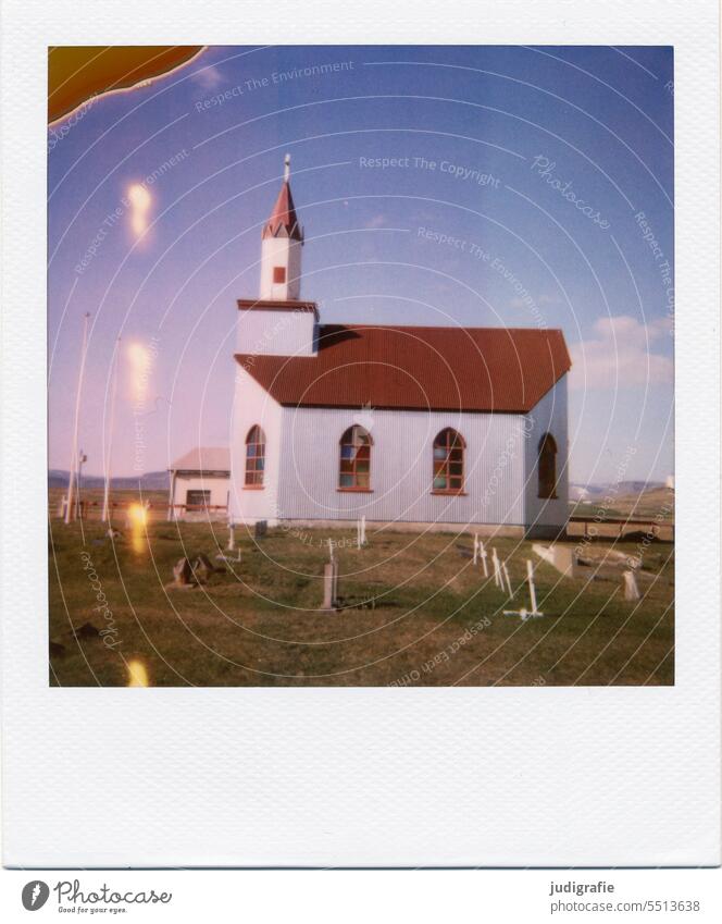 Icelandic church on polaroid Polaroid Building Architecture Landscape Roof Facade Window Meadow Nature Cemetery Sky believe Church Church window