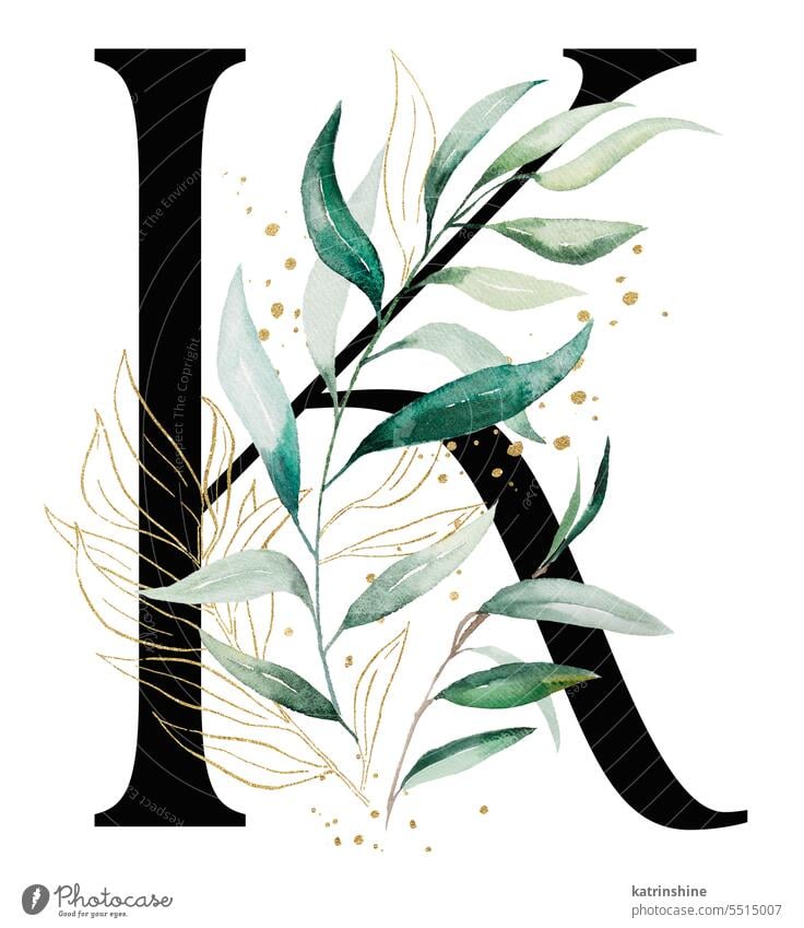 Black letter K with green a watercolor leaves, isolated wedding illustration, Alphabet Element Birthday Botanical Character Decoration Drawing Foliage Garden