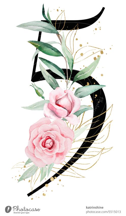 Black number 5 with pink watercolor flowers and green and golden leaves, isolated illustration. Birthday Botanical Decoration Drawing Element Foliage Garden