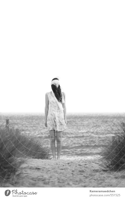 Strange to wander in the fog... Human being Feminine Woman Adults 1 30 - 45 years Nature Sand Water Horizon Summer Fog Bushes Waves Beach Baltic Sea Dress