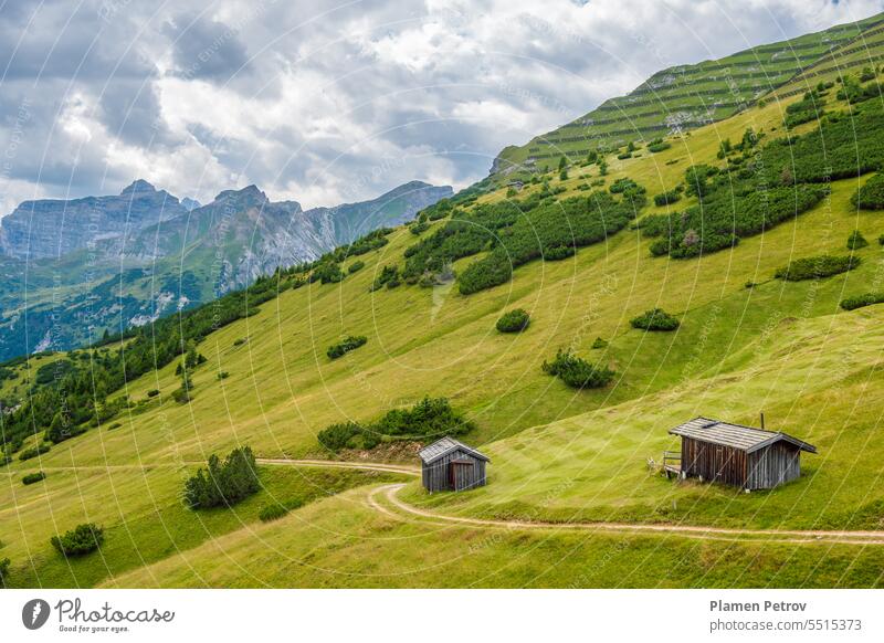 Picturesque summer mountain landscape, Stubai Alps, Tyrol, Austria. clouds cloudy sky europe forest grass grassland green gschnitz valley gschnitztal hike
