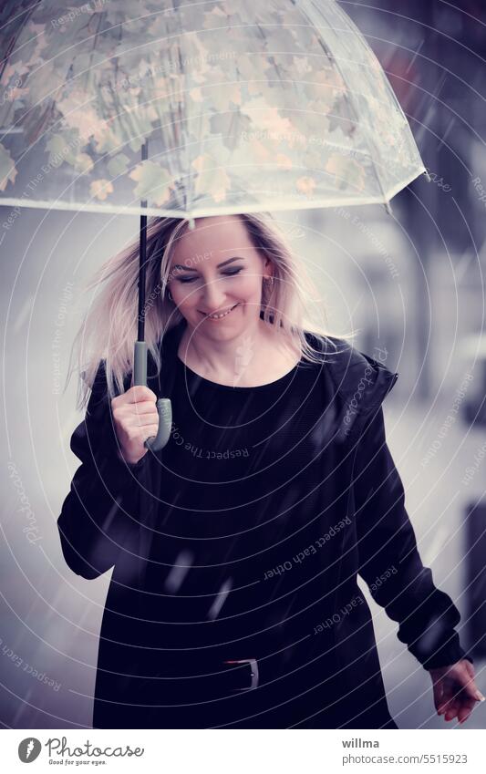Rain Joy Young woman Blonde Umbrella Smiling Rainy weather Human being Woman Happiness Long-haired pretty Bad weather Laughter Happy Wet