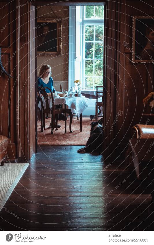 Woman having a meal in an old house with dog company adult Mother family alone Nostalgia Eyeglasses Dog Company lonely Loneliness dogs Animal Human being human
