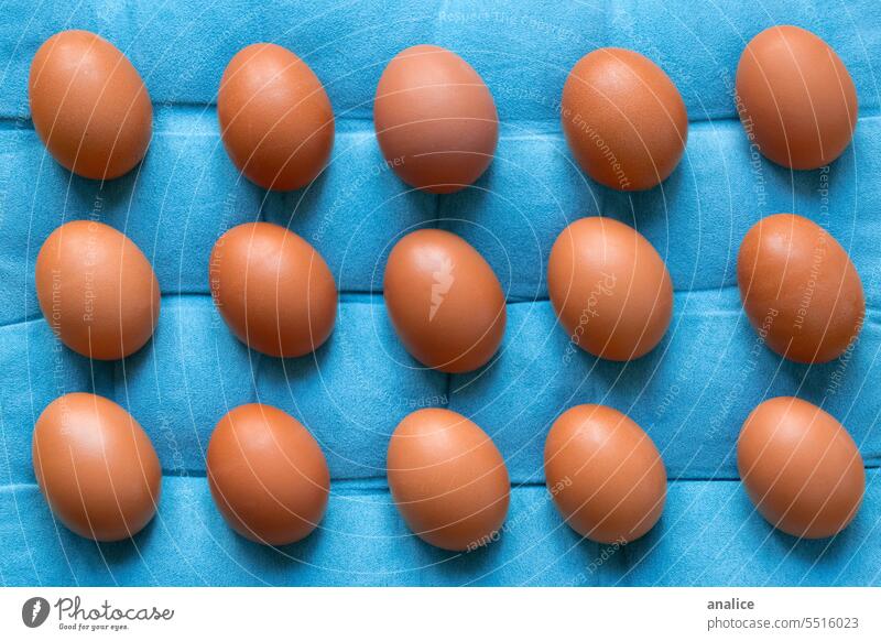 Set of aligned eggs on blue background brown eggs Easter Food colorful eggs cooking Kitchen