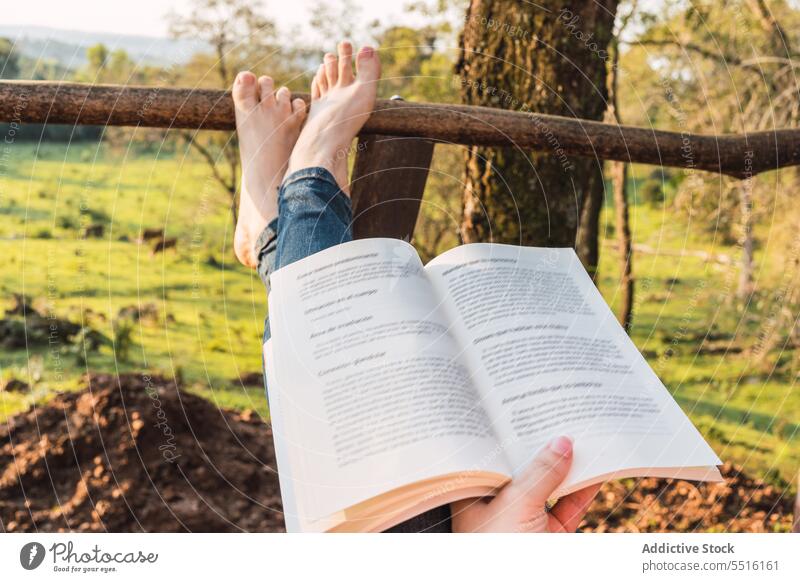 Crop woman with book on terrace leisure read weekend nature summer relax veranda rest lounge chill countryside hobby literature peaceful free time recreation
