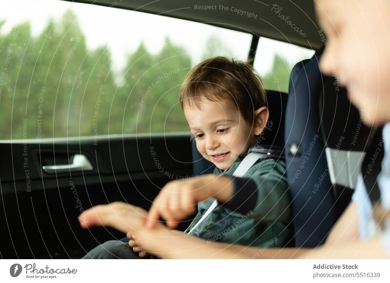 Children laughing sitting in car seats boy child belt vehicle kid transport casual daylight childhood automobile daytime passenger vacation summer fasten