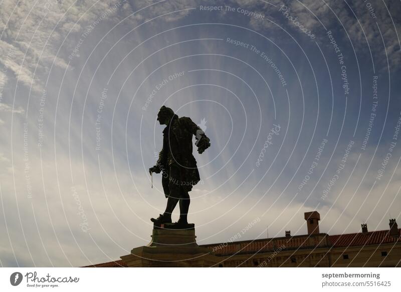 Statue of a conductor in front of sky Exterior shot Deserted Conductor statue Silhouette Blue sky Clouds White Black