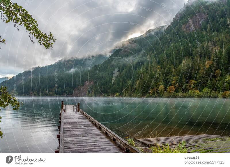 Wooden bridge at Crescent lake in Olympic National Park wooden meditative forest clouds blue water dock landscape mountain fog mist peace tranquility overcast