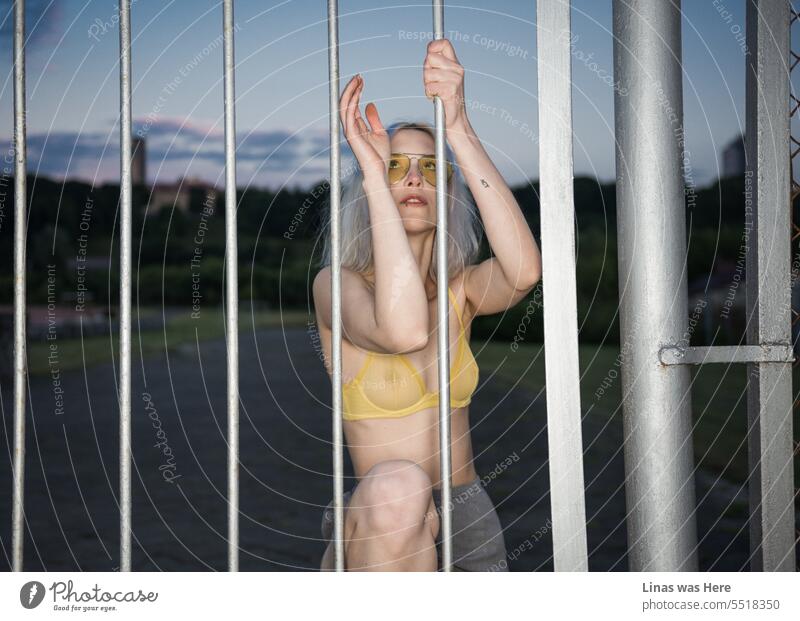 A perfect sunset and a purple sky on the horizon. With a gorgeous blonde girl in a sexy yellow bralette. Being all wild and pretty she is trying to climb a fence. A sensual action from a true beauty.