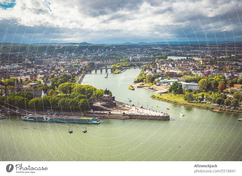 Panorama view of the German Corner in Koblenz with cloudy sky Germany Deutsches Eck River Moselle Rhine Mouth of a river Panorama (View) Vantage point