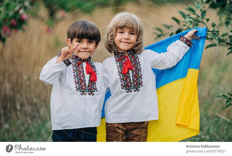 Handsome happy boys, ukrainian patriots 4 years old children with national flag freedom independence patriotic patriotism ukraine background country countryside
