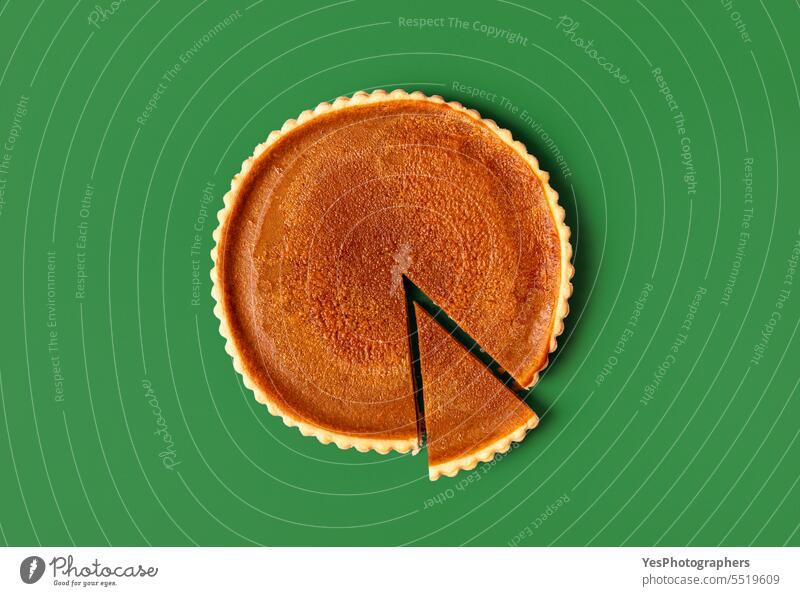 Homemade pumpkin pie isolated on a green background Halloween above autumn baking bright brown cake celebration christmas color comfort concept context cooking