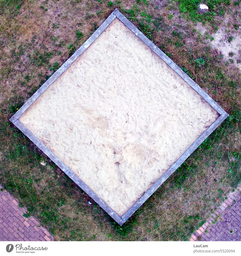 Sandbox Sandpit from on high Bird's-eye view Grass Playground Playing Infancy square diamonds Meadow Bordered Corners quadrangular Deserted UAV view droning