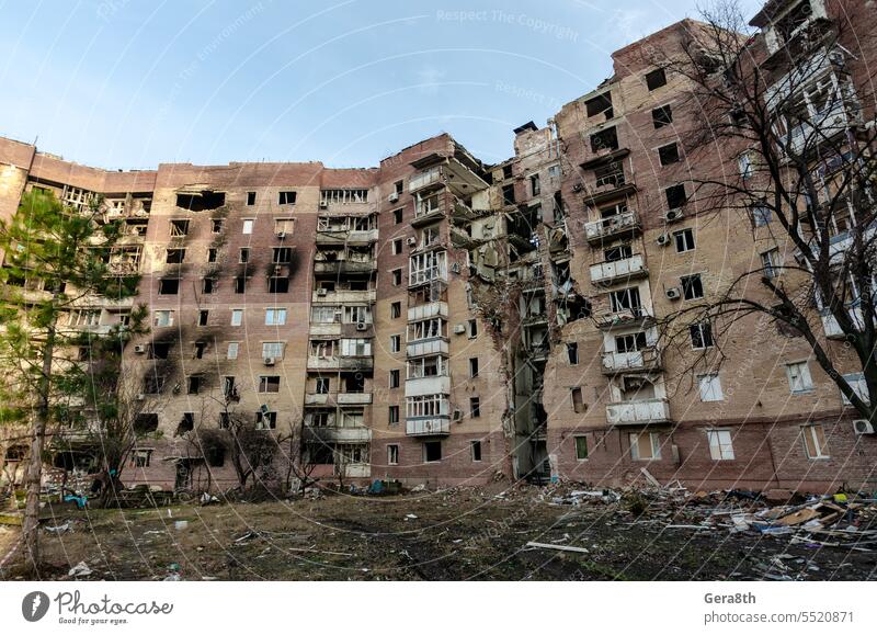 destroyed and burned houses in the city Russia Ukraine war Donetsk Kherson Kyiv Lugansk Mariupol Zaporozhye abandon abandoned attack blown up bombardment broken