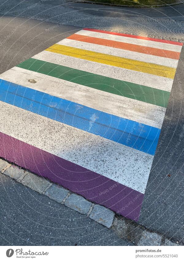 Crosswalk with rainbow colors. / Photo: Alexander Hauk Zebra crossing color strip variegated Colour Prismatic colors Rainbow White Intersection Street Transport