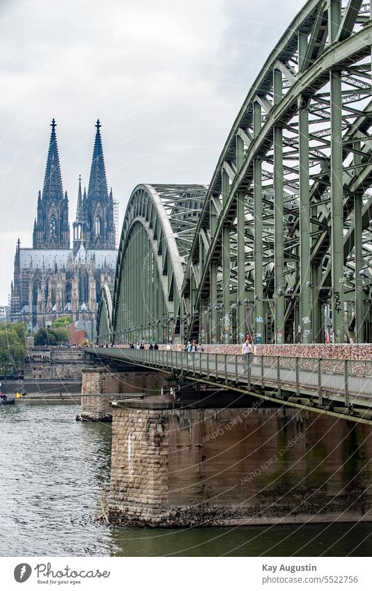 Hohenzollern Bridge with Cologne Cathedral Germany Landmark Tourist Attraction Dome Town Exterior shot Colour photo Rhine Tourism Old town