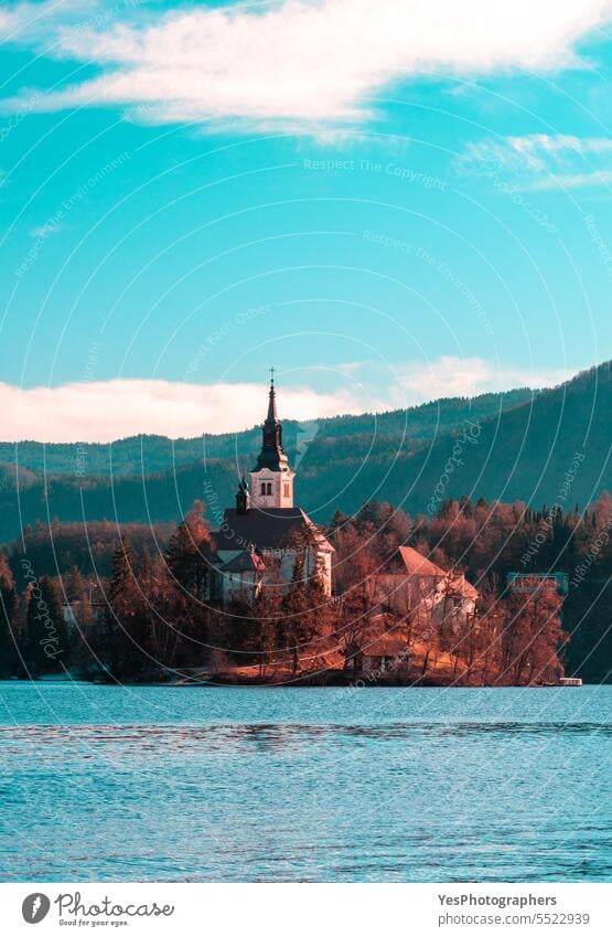Landscape with Lake Bleds church on a sunny day of December alpine alps autumn beautiful bled blue bright building castle color december destination european