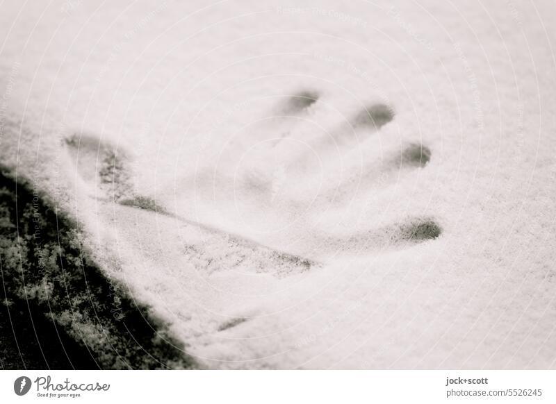 Imprint of right hand on snow covered surface Hand Right Snow Winter Frost Surface Cold Neutral Background Monochrome Car Hood Background picture snow-covered