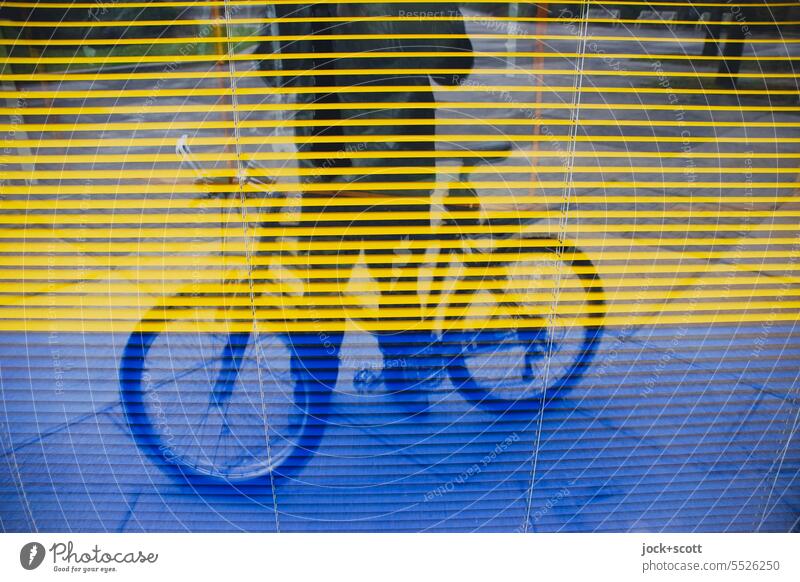 again and again | on the road with the bike Venetian blinds Bicycle Window Lifestyle Man cyclists Cycling Silhouette Reflection urban Blue Yellow Bikers