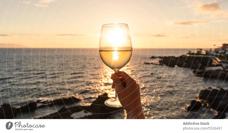 Crop person with glass of white wine on beach hand wineglass sea sunset drink celebrate vacation alcohol beverage sky sundown water ripple idyllic relax serene