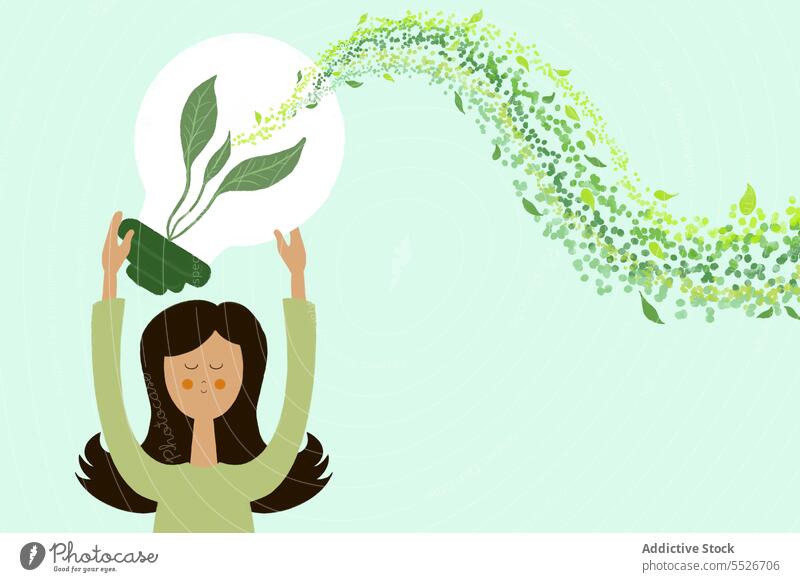 Flat style illustration of young woman with light bulb green plant concept leaf energy creative environment reflection background female idea natural bright