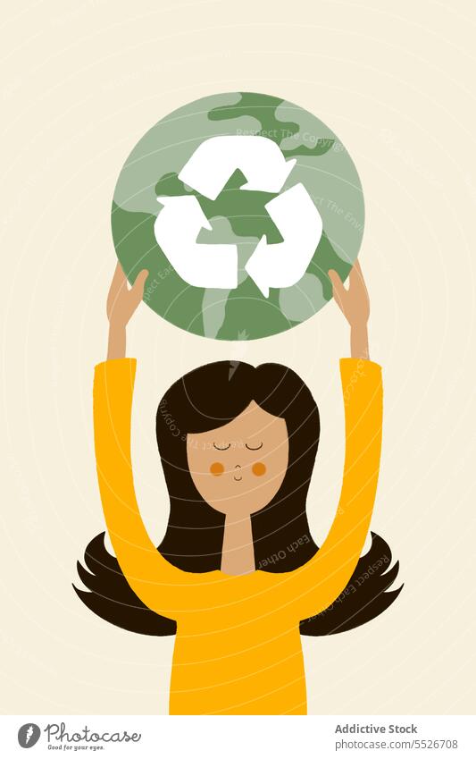 Flat style illustration of young woman with globe and recycle symbol green concept creative environment protect sustainable planet background female idea
