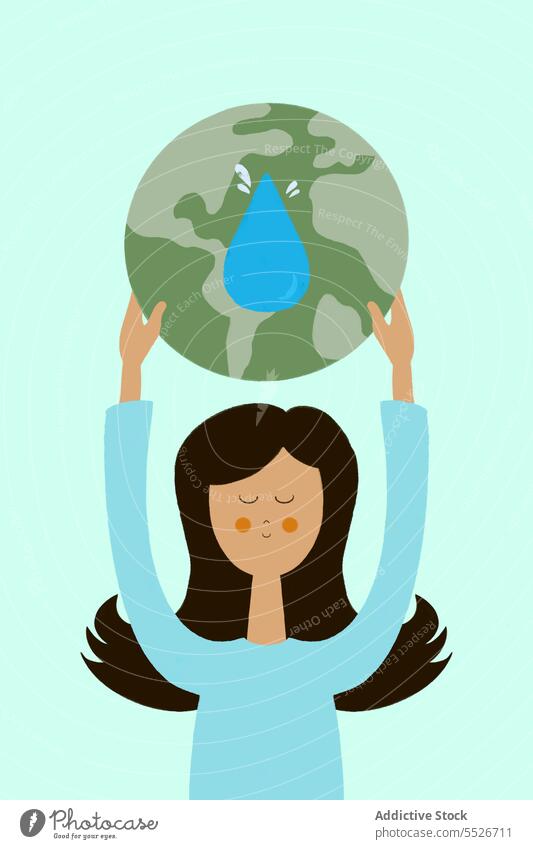 Flat style illustration of young woman with globe and water drop save concept nature environment background female black hair dress design blue demonstrate