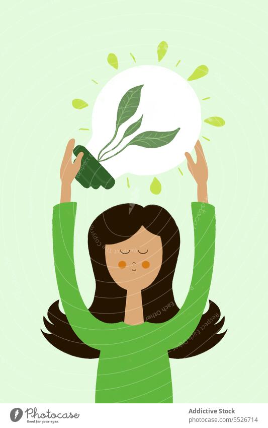 Flat style illustration of young woman with green light bulb concept energy creative save planet plant background female idea natural bright colorful design