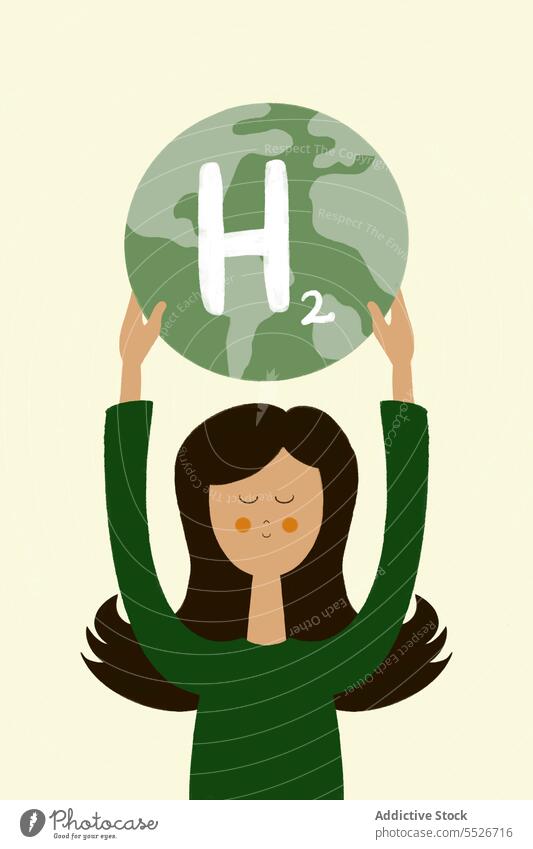 Flat style illustration of young woman with globe with H2 word green concept energy creative save planet hydrogen background female idea natural bright colorful