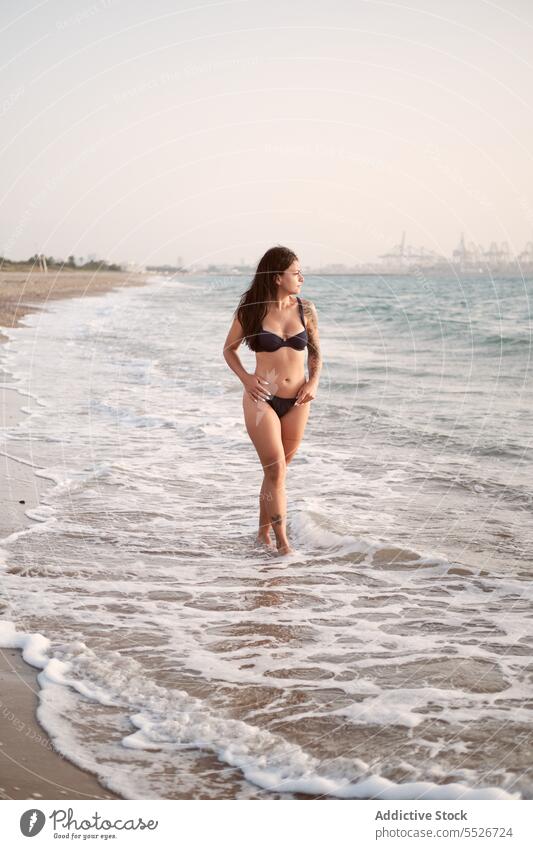 Carefree woman in bikini on beach bra sea vacation style attractive summer ocean female young slim coast charming nature dark hair lady stand water sensual