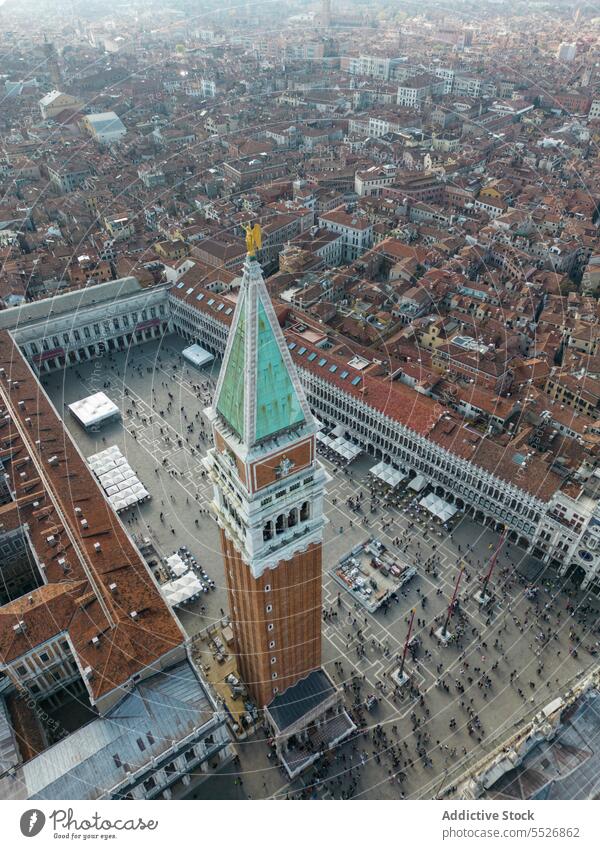 Drone view of church palace city and residential buildings tower architecture square historic exterior medieval culture basilica venice italy france europe