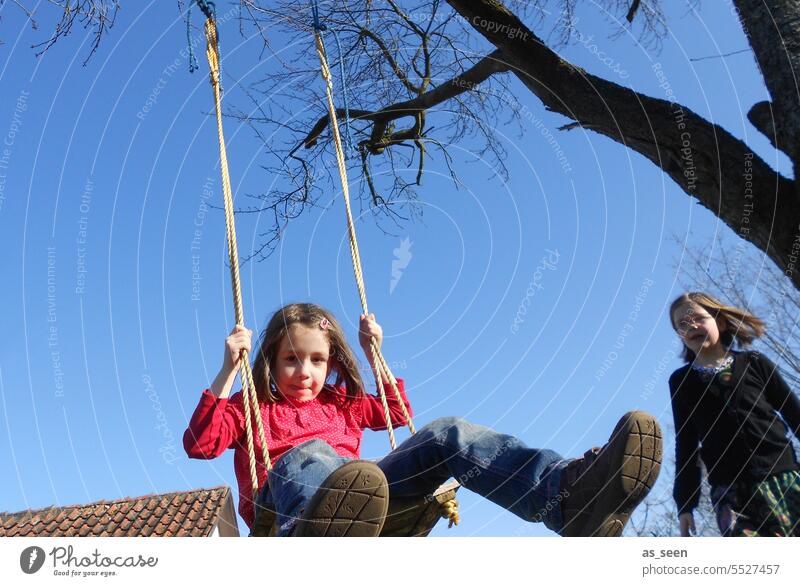 rock Girl Swing Infancy To swing Tree Playing Child Joy Movement Exterior shot Joie de vivre (Vitality) Happiness Happy fun Summer Children's game Colour photo
