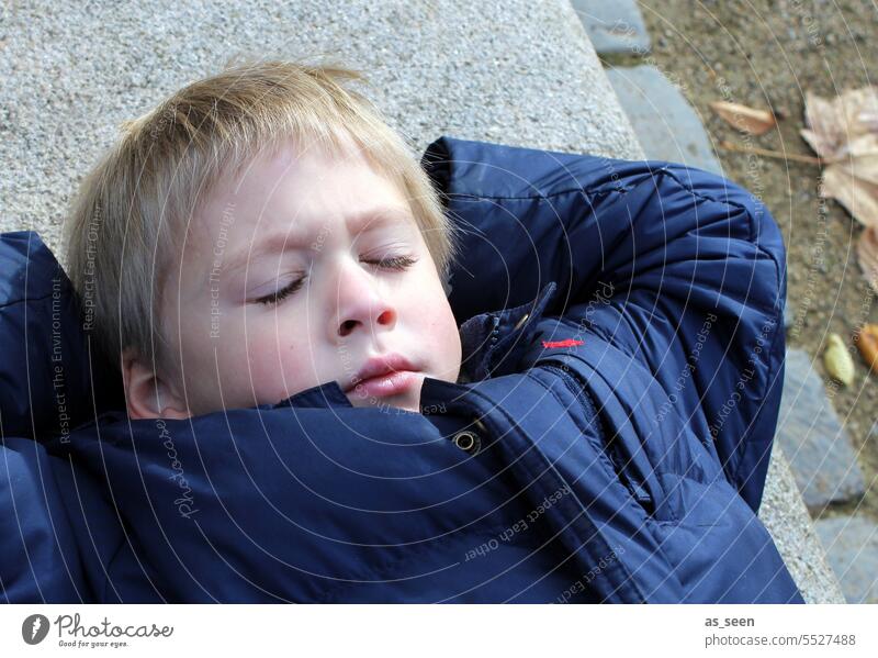 Little boy enjoys autumn relaxation Boy (child) Lie Closed eyes Autumn leaves Sleep Calm Blonde Relaxation Dream Contentment Colour photo 1 Human being Fatigue