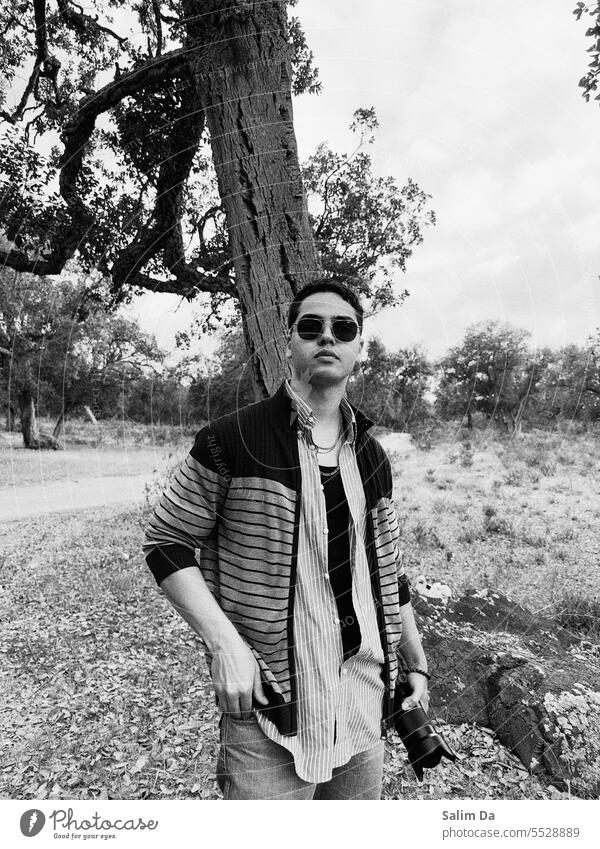 Photographer in the forest photo Black & white photo handsome Photography Model pose handsome people Fashion Style Forest Nature photogenic outdoors Lifestyle