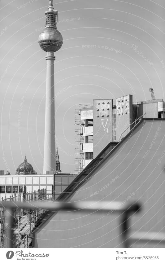 Detail Berlin center bnw Television tower Construction site Autumn Capital city Town Exterior shot Architecture Downtown b/w Deserted Black & white photo Day