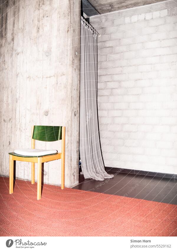 Chair, curtain and concrete wall waiting area temporise transit Stay Still Life change constellation Drape Small room Hidden Concrete material mix