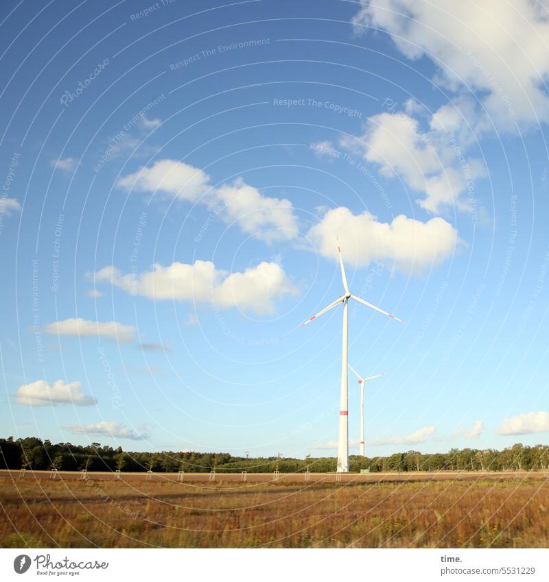 Lost Land Love III - Wind turbines by the way Meadow Pinwheel Landscape Sky Horizon Clouds Beautiful weather Environment technology Environmental technology