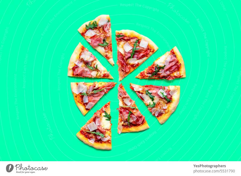 Ham pizza top view minimalist on a green table above arugula background baked bright chart cheese color colorful comfort crust cuisine delicious dinner eating